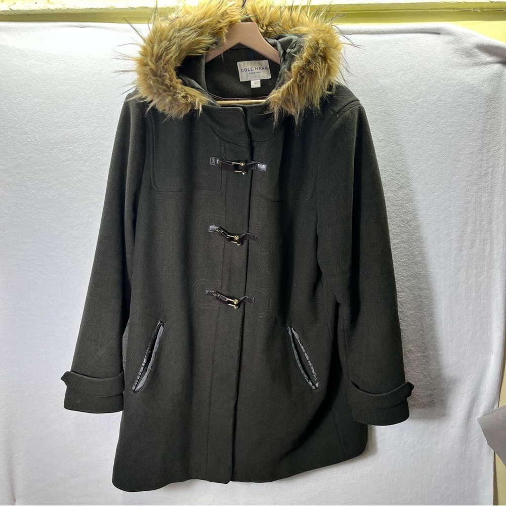 Cole Haan Signature Wool Blend Duffle Coat Faux Fur Womens 1X Plus Jacket‎ Hood